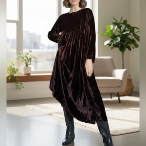 Vintage 80s High Waist Velvet Midi Dress in Rich Red Brown Back Buttons M